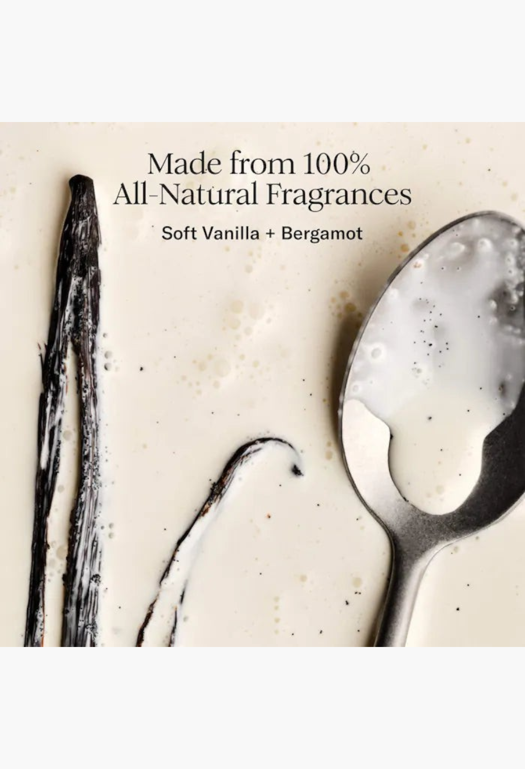 GLAM MODA Vanilla Vibezzz body care ingredients featuring vanilla bean pods and a silver spoon with creamy lotion