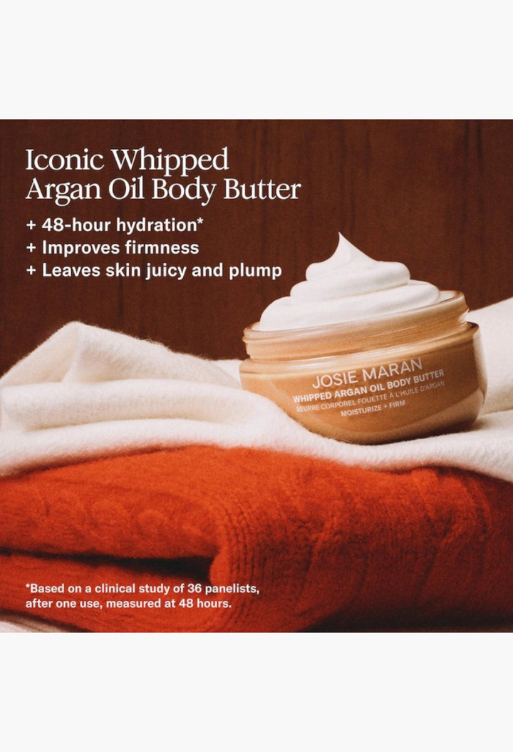 GLAM MODA 3-step hydration body gift set featuring whipped argan oil body butter with a vanilla scent on soft fabric