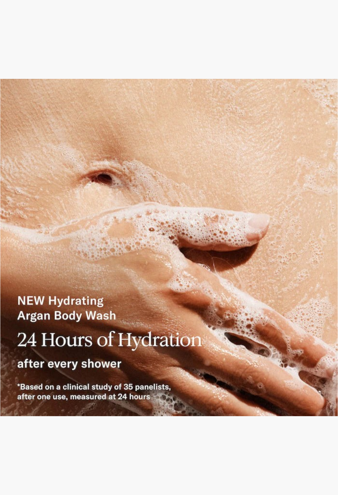 GLAM MODA hydrating argan body wash lathered on skin for 24-hour moisture and a glowing complexion