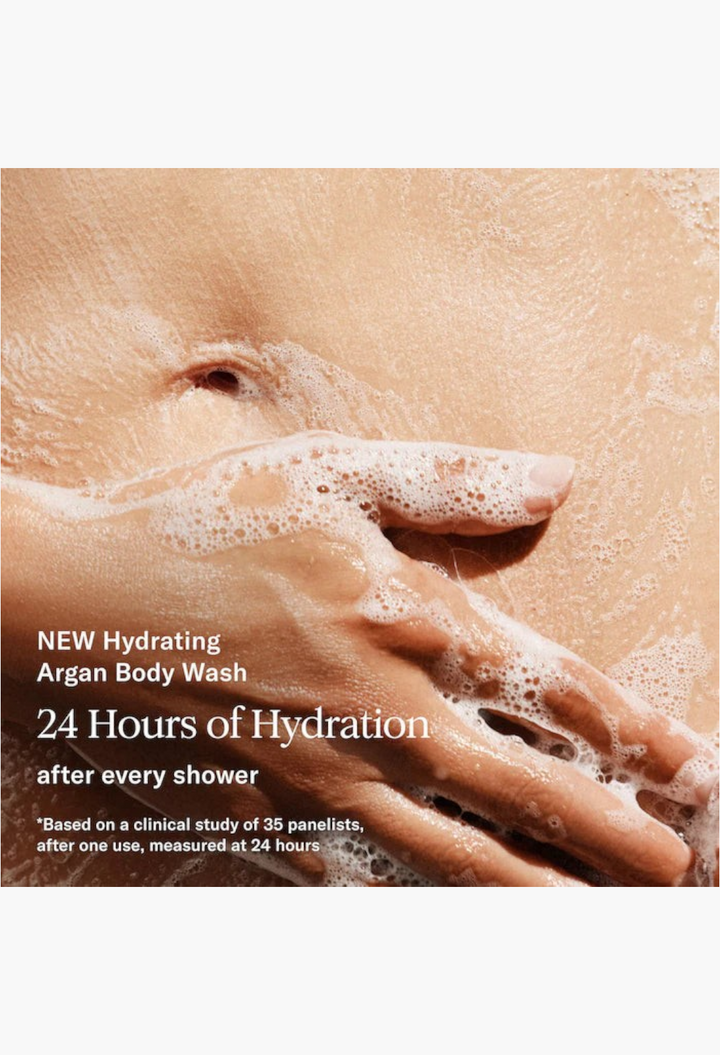GLAM MODA hydrating argan body wash lathered on skin for 24-hour moisture and a glowing complexion