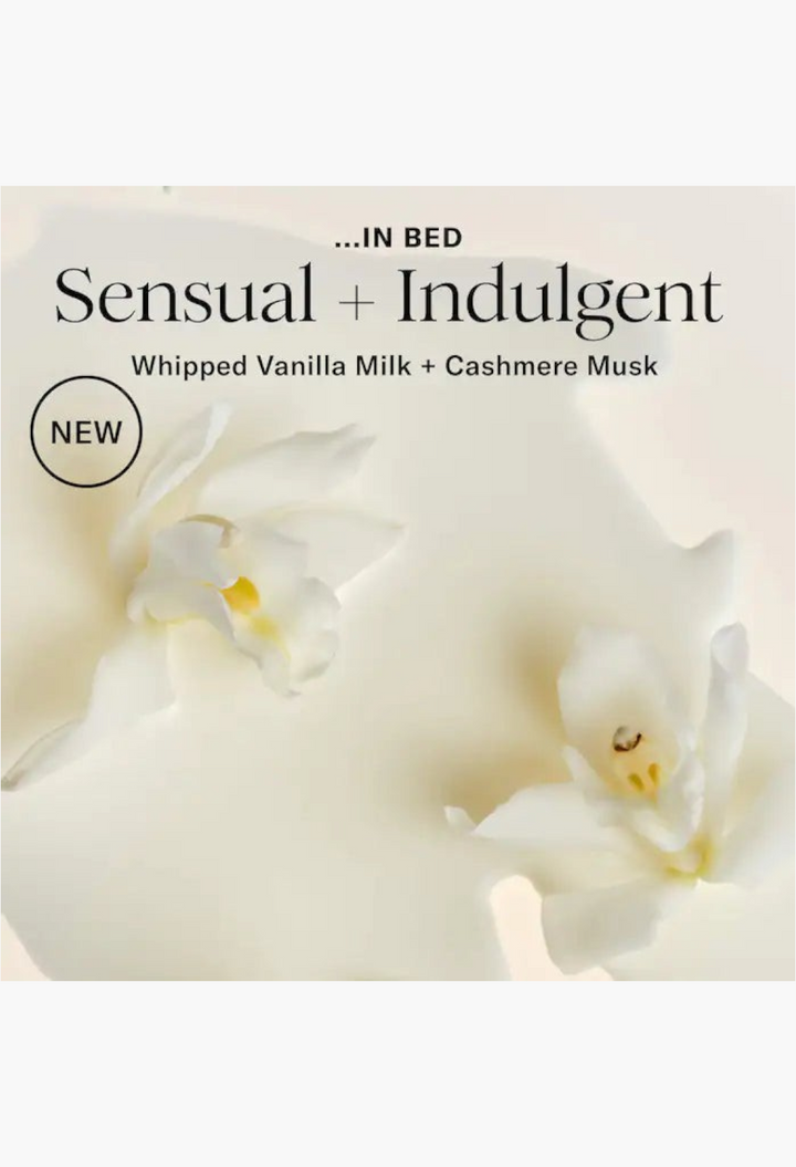 GLAM MODA In Bed whipped body butter featuring vanilla milk and cashmere musk with white orchid floral accents