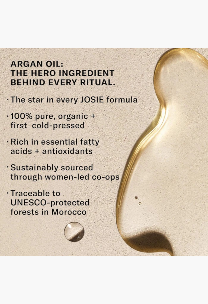 GLAM MODA educational graphic showing a golden drop of organic argan oil and text about its benefits and sourcing.