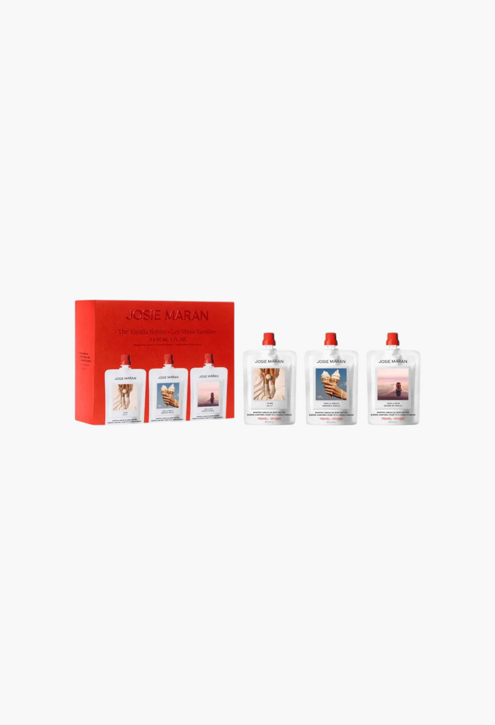GLAM MODA Josie Maran 3-piece travel-size whipped argan oil body butter gift set in vanilla scents with red box