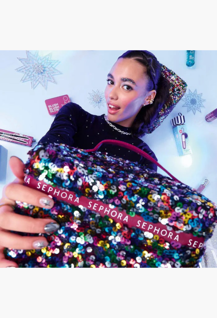 GLAM MODA premium advent calendar featuring a multi-colored sequined vanity case filled with 24 beauty surprises.