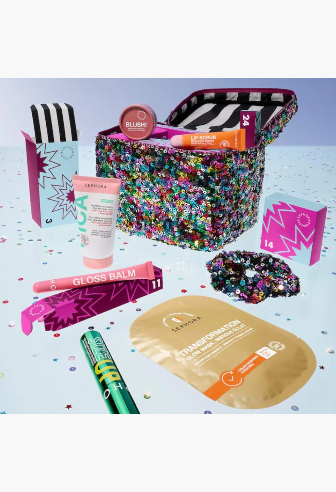 GLAM MODA premium beauty advent calendar featuring 24 surprises in a festive sequined vanity case with skincare and makeup