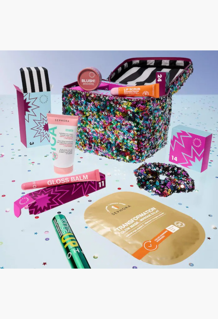 GLAM MODA premium beauty advent calendar featuring 24 surprises in a festive sequined vanity case with skincare and makeup
