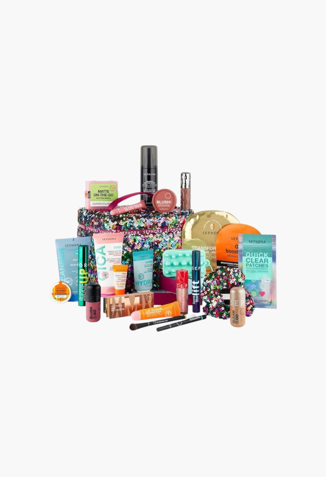 GLAM MODA premium advent calendar featuring 24 beauty products in a colourful sequined vanity case.
