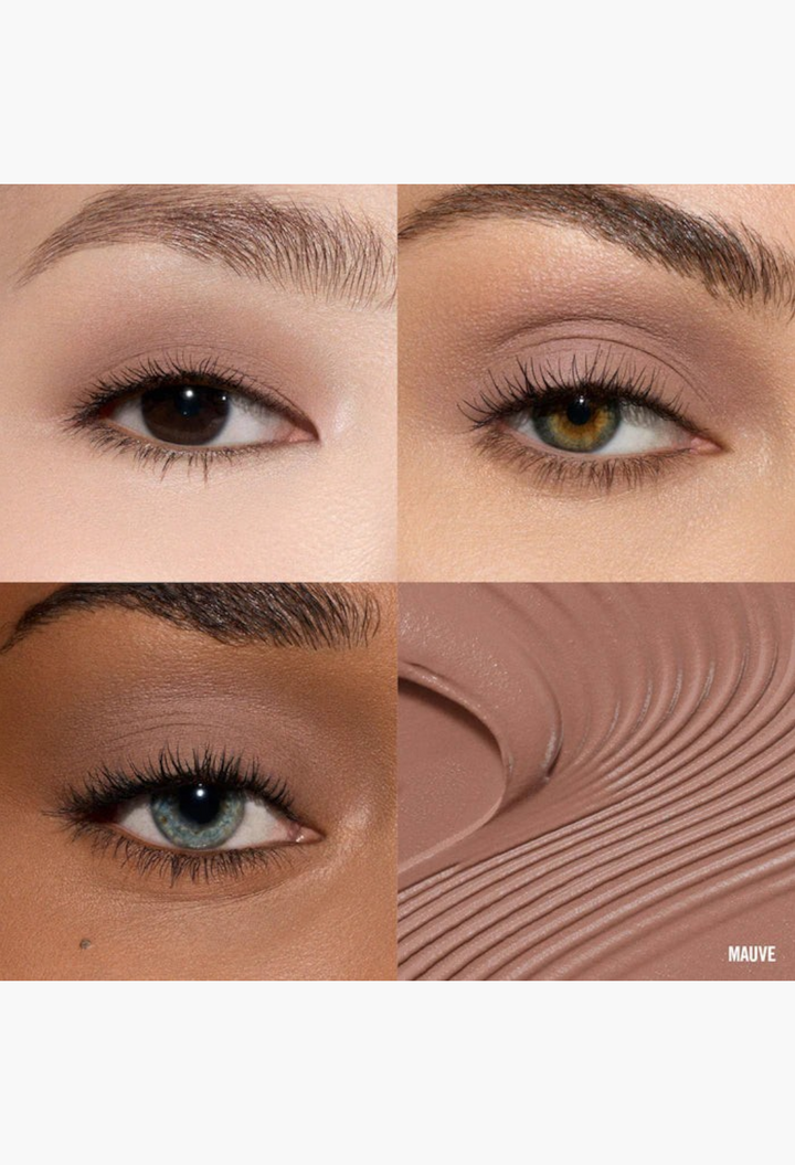 GLAM MODA cream eyeshadow duo in mauve showing matte finish on various skin tones and a textured product swatch