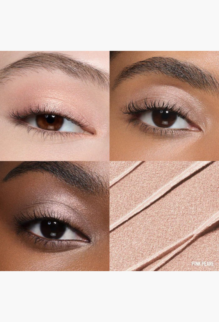 GLAM MODA long-wearing cream eyeshadow duo in mauve and pink pearl applied on eyelids with matte and shimmer finishes.