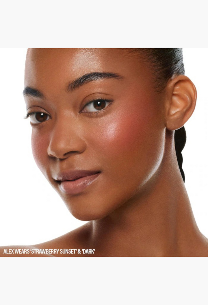 GLAM MODA model wearing dewy cream blush and bronzer duo in Strawberry Sunset and Dark shades for a radiant finish