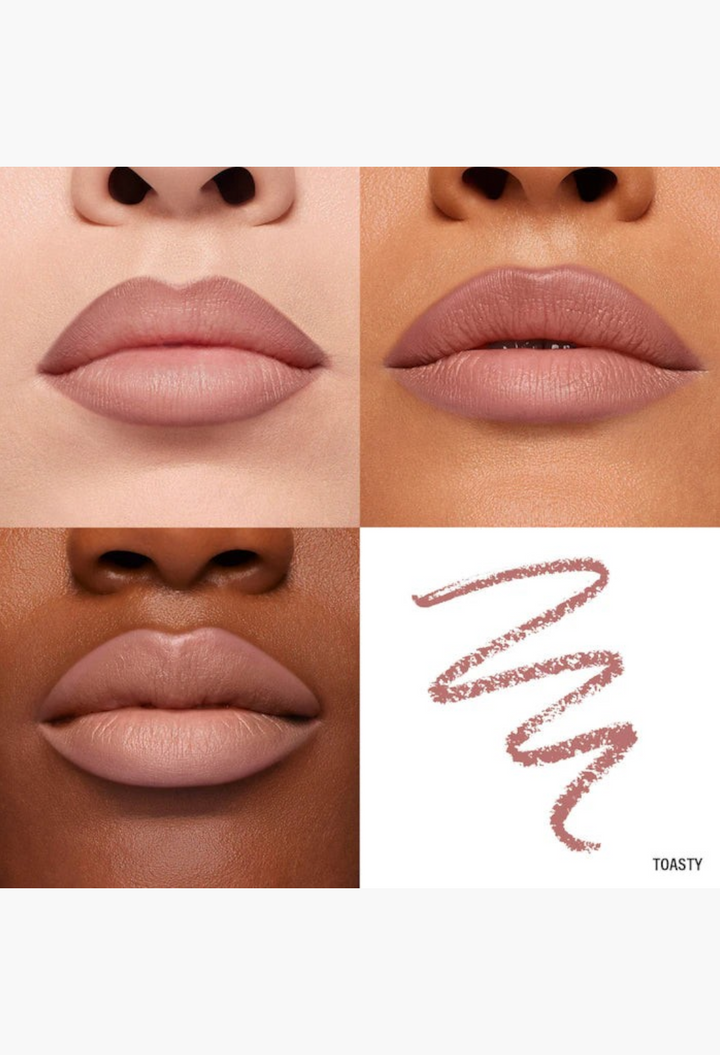 GLAM MODA lip pencil trio showing matte sculpting results on lips in shades Toasty, Smokey Pink, and Travis.