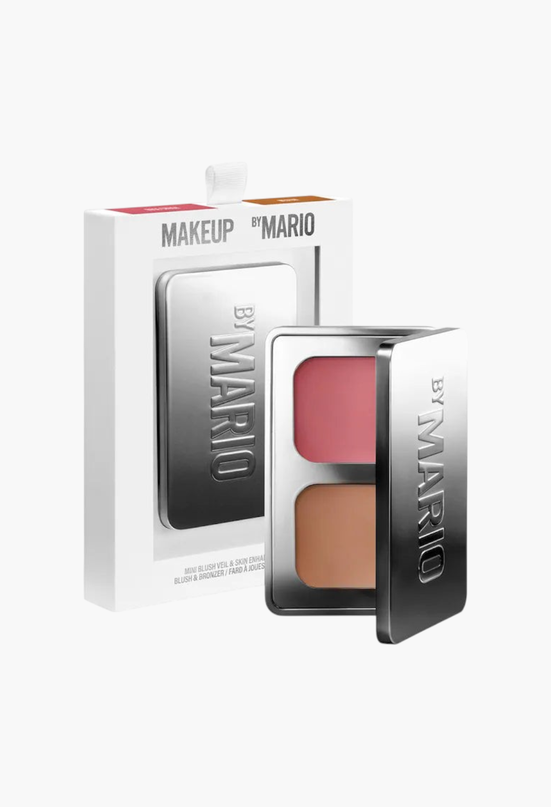 GLAM MODA Makeup by Mario mini blush and bronzer cream duo compact in a white box with a metallic silver case.