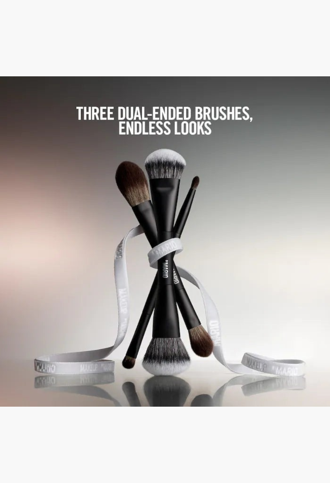 GLAM MODA Mario's Face and Eye Trio set featuring three dual-ended vegan makeup brushes with matte black handles.