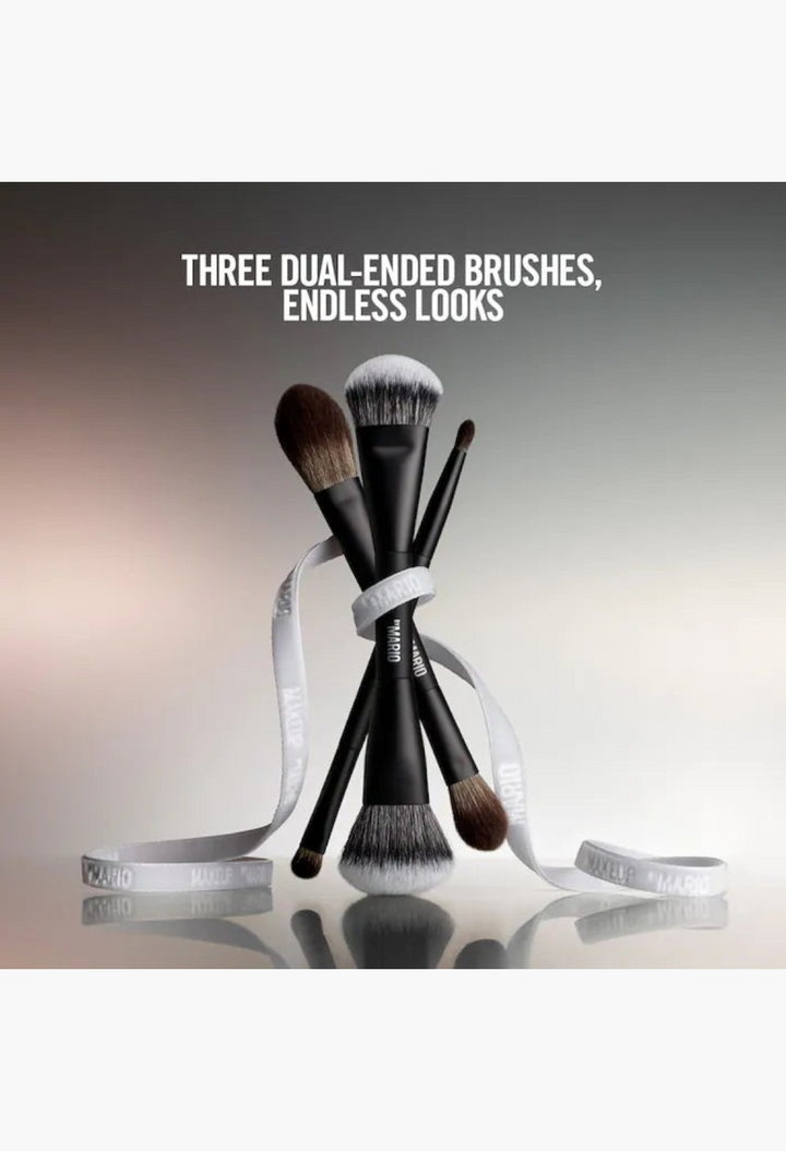 GLAM MODA Mario's Face and Eye Trio set featuring three dual-ended vegan makeup brushes with matte black handles.