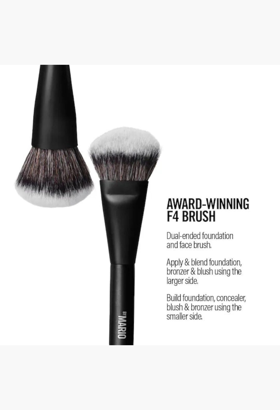 GLAM MODA Mario F4 dual-ended foundation and face brush with matte black handle and synthetic vegan bristles