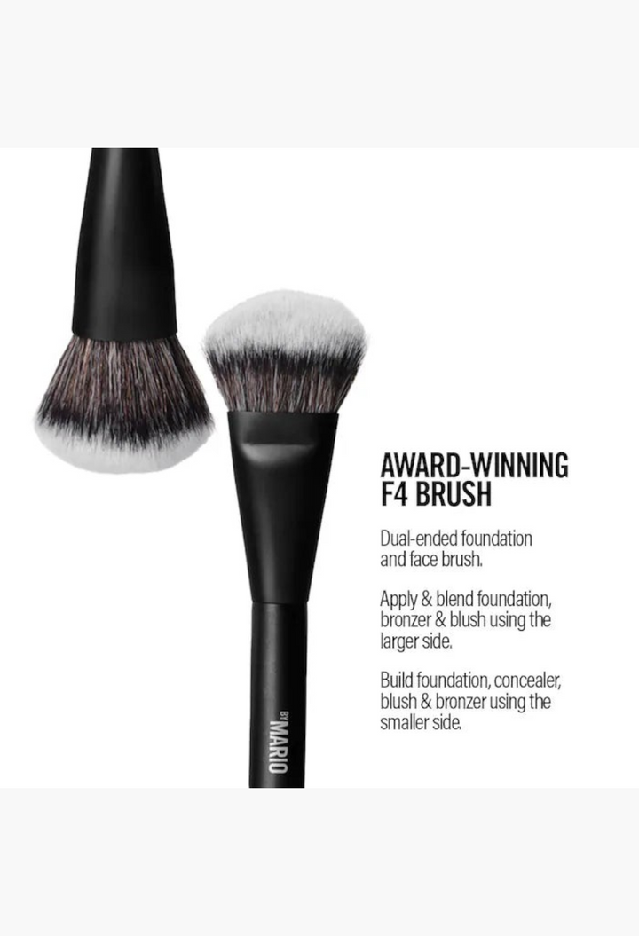 GLAM MODA Mario F4 dual-ended foundation and face brush with matte black handle and synthetic vegan bristles