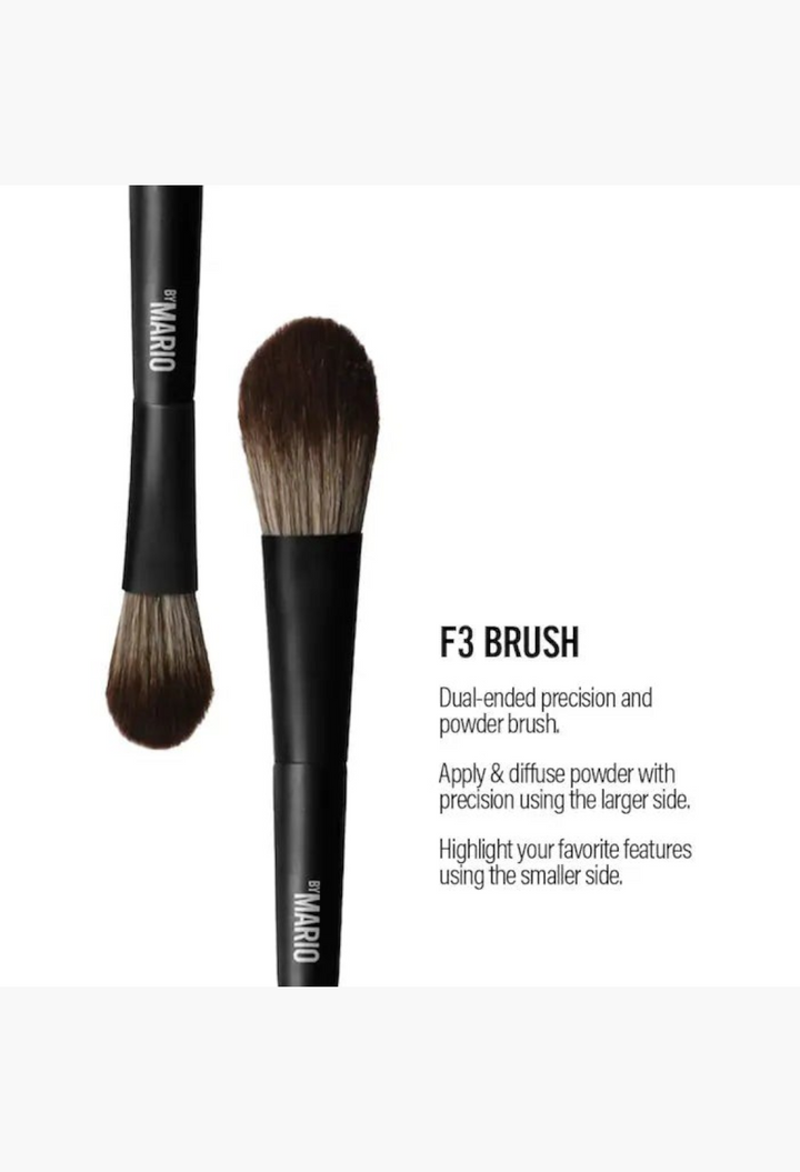 GLAM MODA Mario F3 dual-ended precision powder brush with matte black handle and soft synthetic bristles