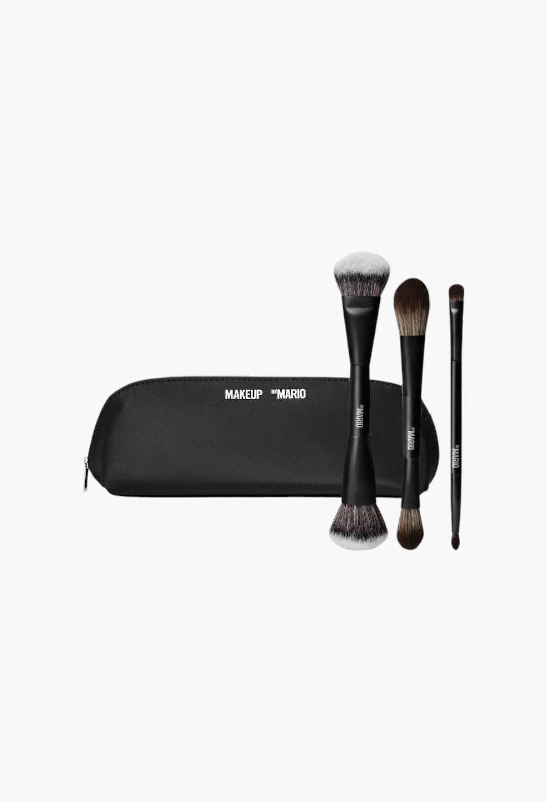 GLAM MODA Mario's Face and Eye Trio set featuring three dual-ended vegan makeup brushes and a black nylon case.