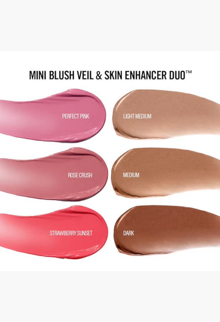 GLAM MODA Mini Blush Veil and Skin Enhancer Duo swatches showing various pink blush shades and bronzer tones.