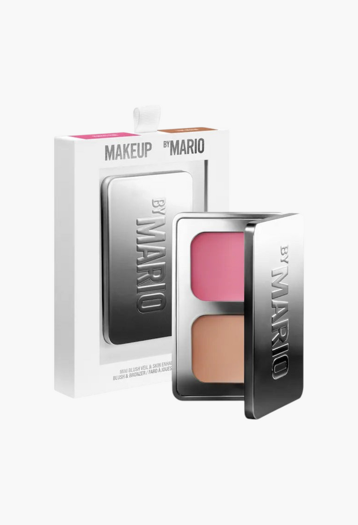GLAM MODA Makeup by Mario mini blush and bronzer cream duo compact in a silver metallic case with white outer packaging.