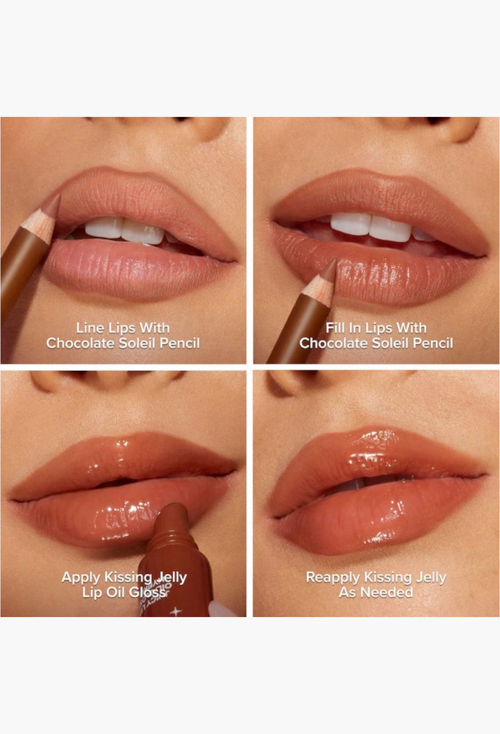 GLAM MODA Chocolate Mousse lip liner and gloss set tutorial showing application steps on lips in four panels