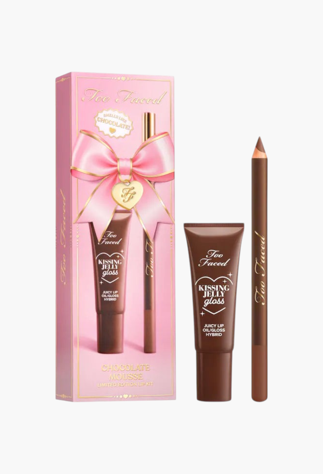 GLAM MODA Chocolate Mousse lip set featuring a brown multi-use pencil and a glossy lip oil in a pink gift box.