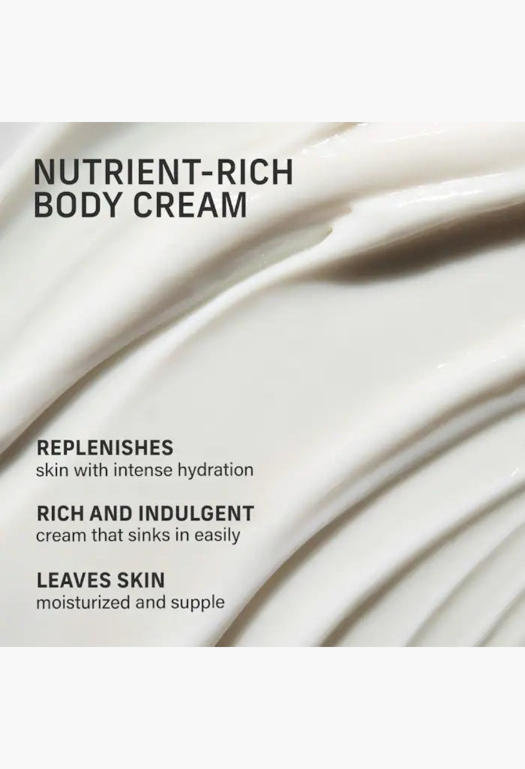 GLAM MODA Vanilla Verve nutrient-rich body cream texture showing a smooth, white, hydrating skincare formula.