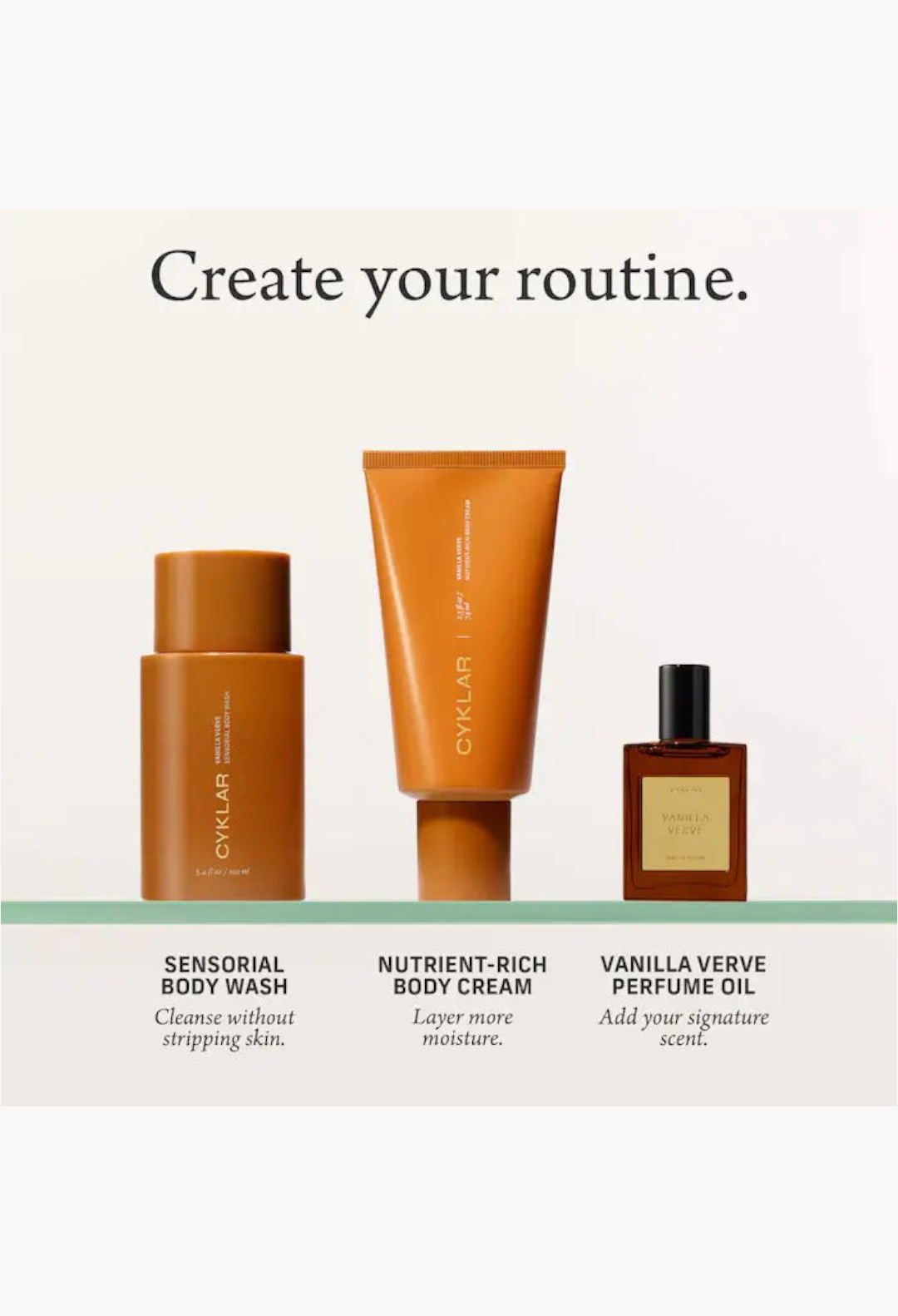 GLAM MODA Vanilla Verve gift set featuring a body wash, nutrient-rich body cream, and perfume oil in amber bottles.