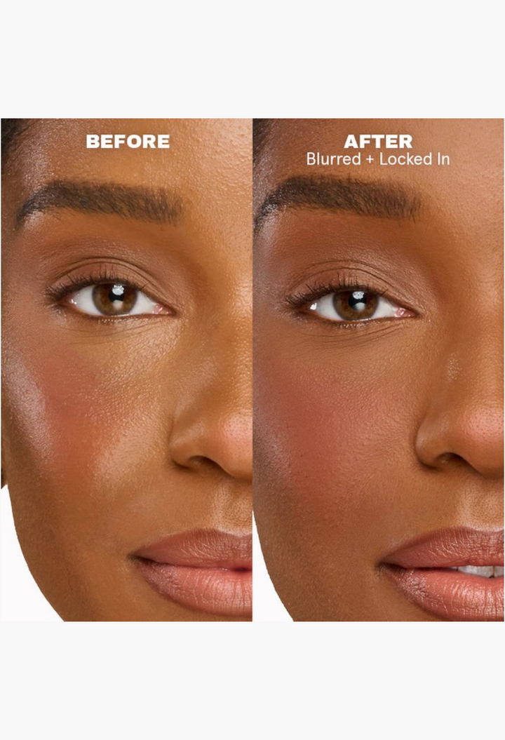 GLAM MODA On 'Til Dawn setting spray before and after comparison showing a blurred, matte finish on a model's skin.