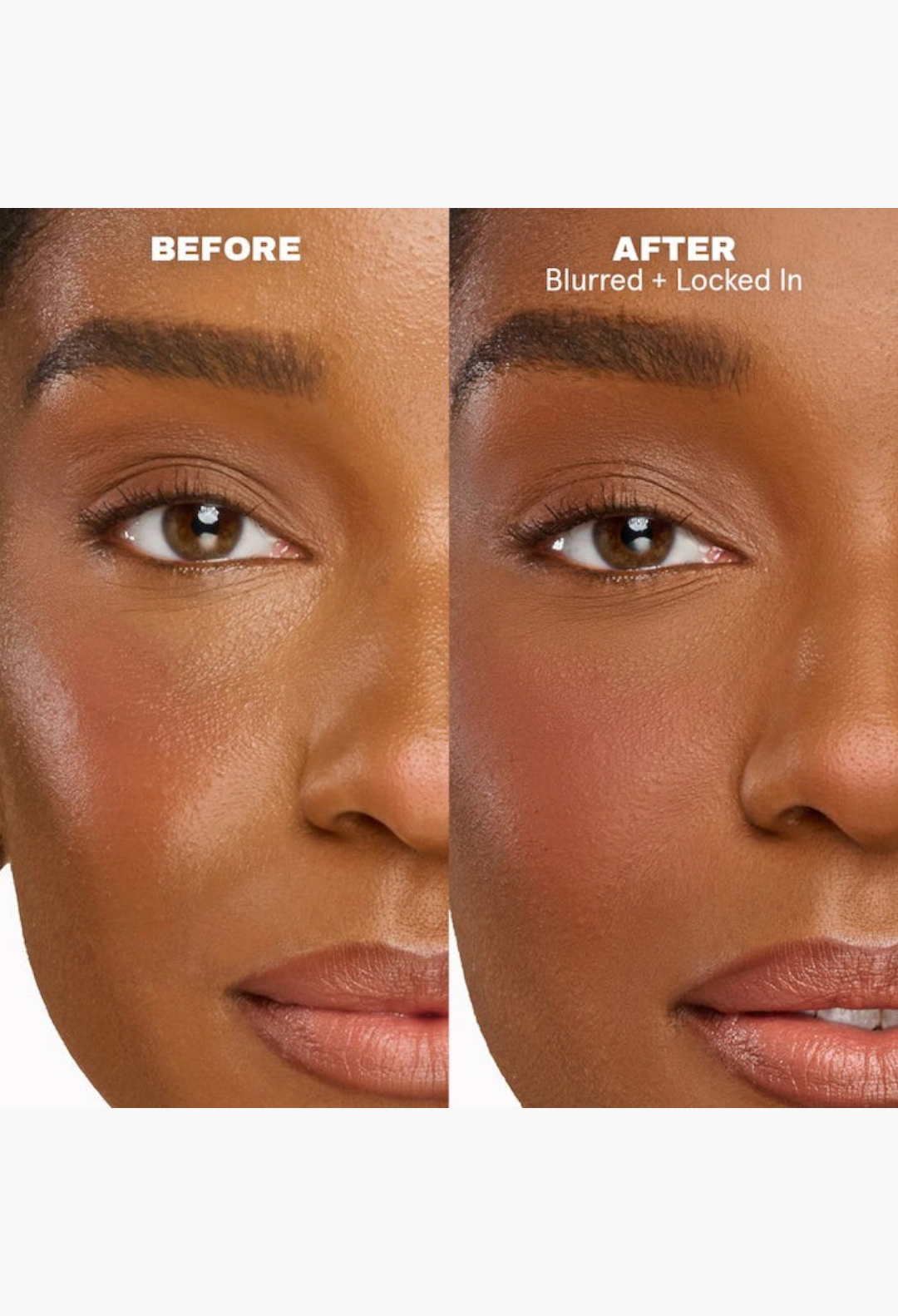 GLAM MODA On 'Til Dawn setting spray before and after comparison showing a blurred, matte, and shine-free finish.