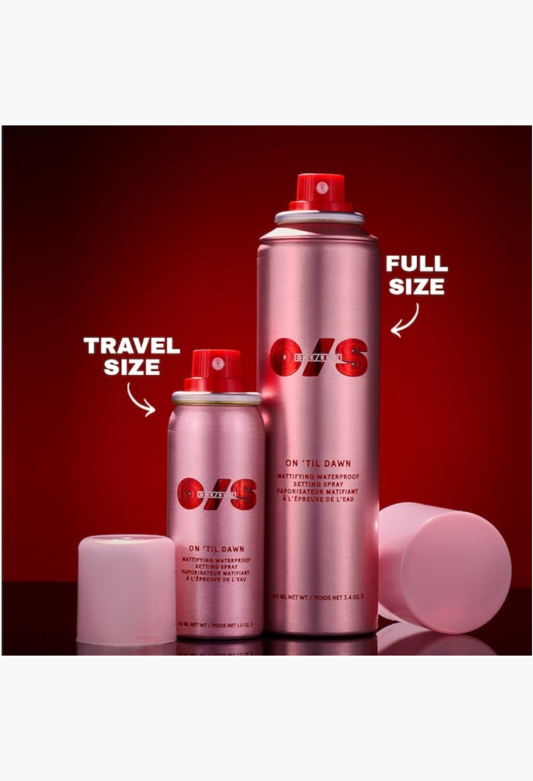 GLAM MODA On 'Til Dawn mattifying waterproof setting spray duo in full and travel sizes with metallic pink bottles.