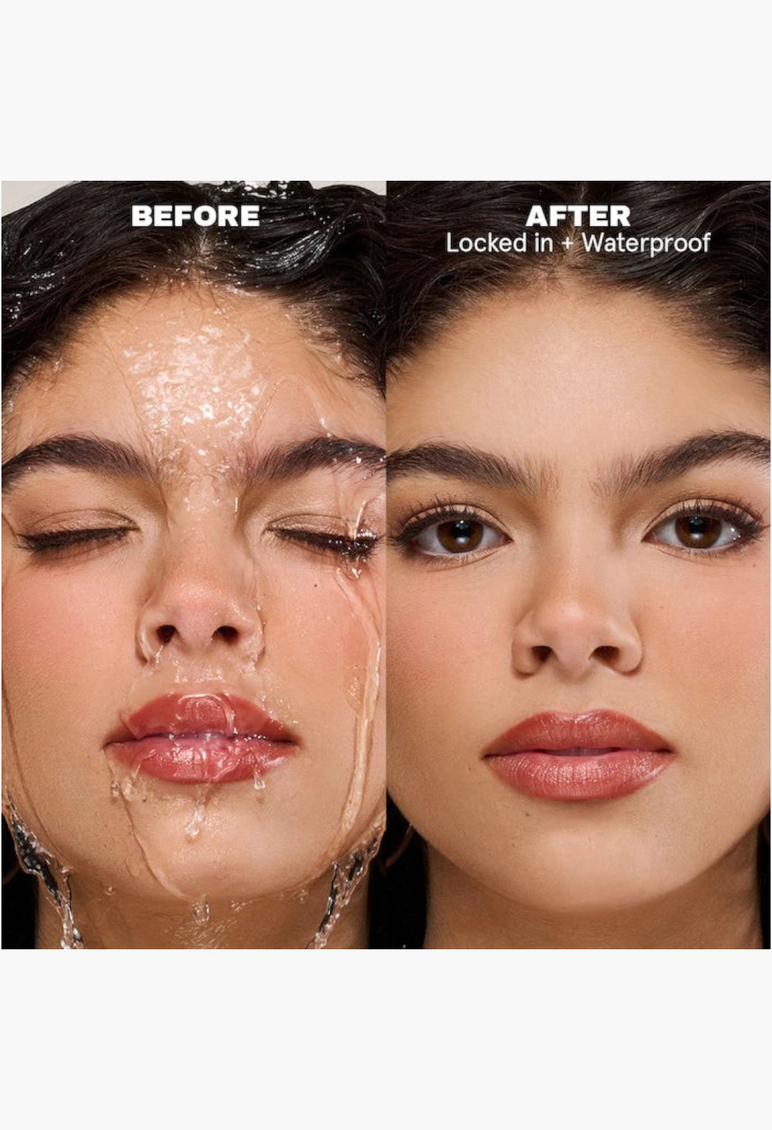 GLAM MODA On 'Til Dawn setting spray before and after comparison showing waterproof makeup results on a model's face