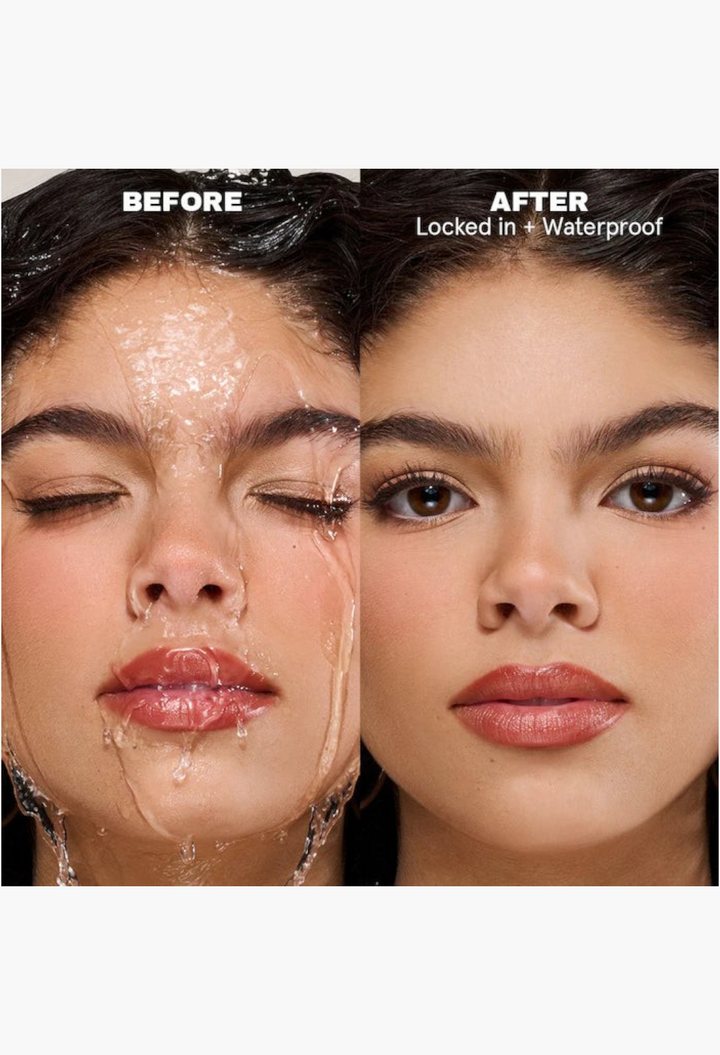 GLAM MODA On 'Til Dawn setting spray before and after comparison showing waterproof makeup results on a model's face