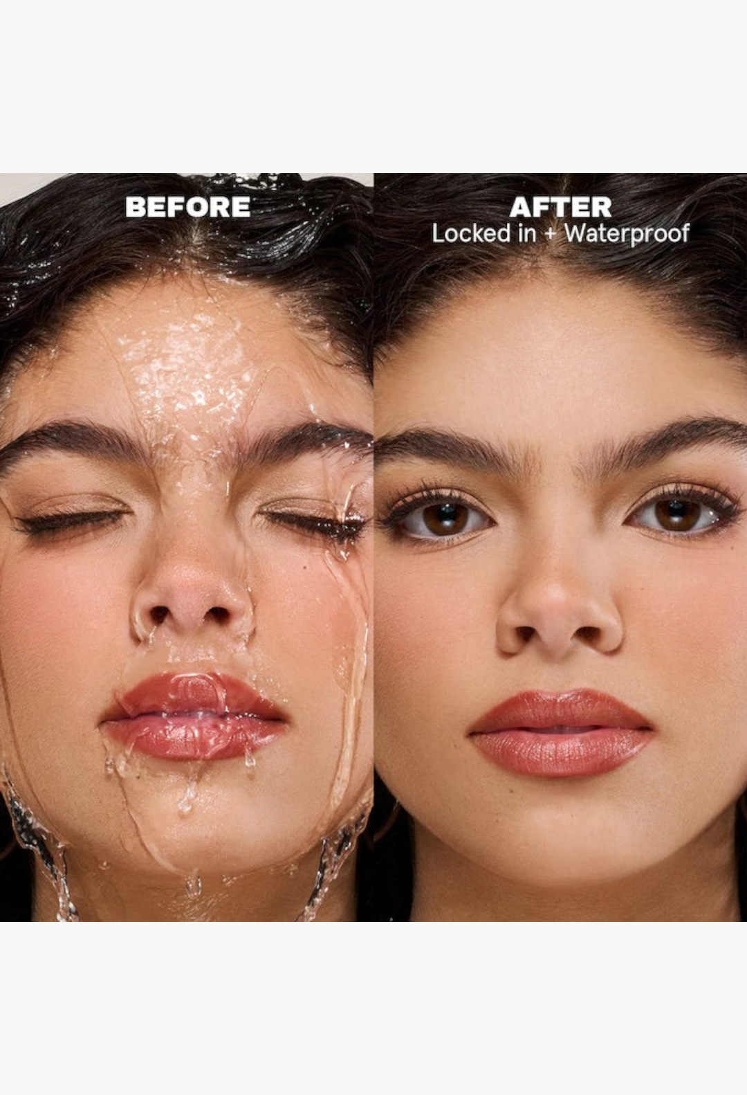 GLAM MODA On 'Til Dawn waterproof setting spray showing a before and after comparison of makeup resistance to water.
