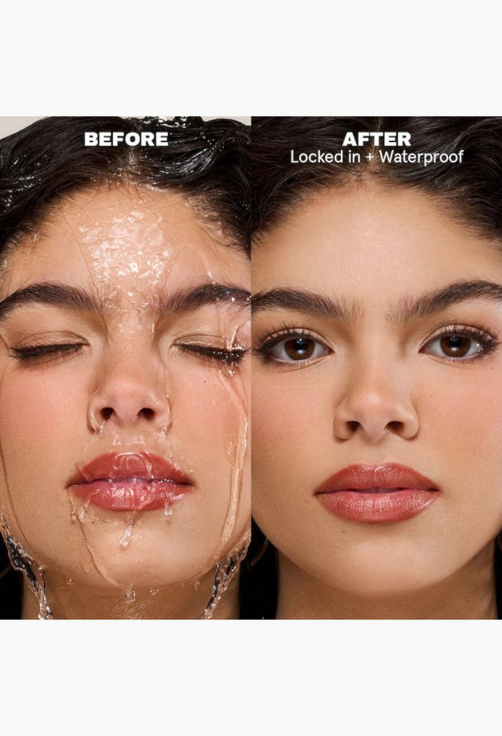 GLAM MODA On 'Til Dawn waterproof setting spray showing a before and after comparison of makeup resistance to water.