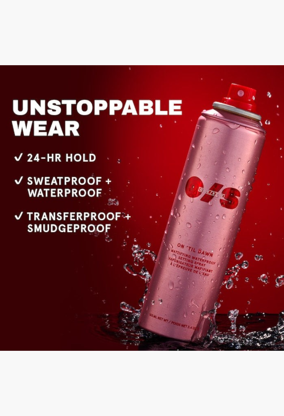 GLAM MODA On 'Til Dawn mattifying waterproof setting spray in a metallic pink aerosol bottle with water droplets.