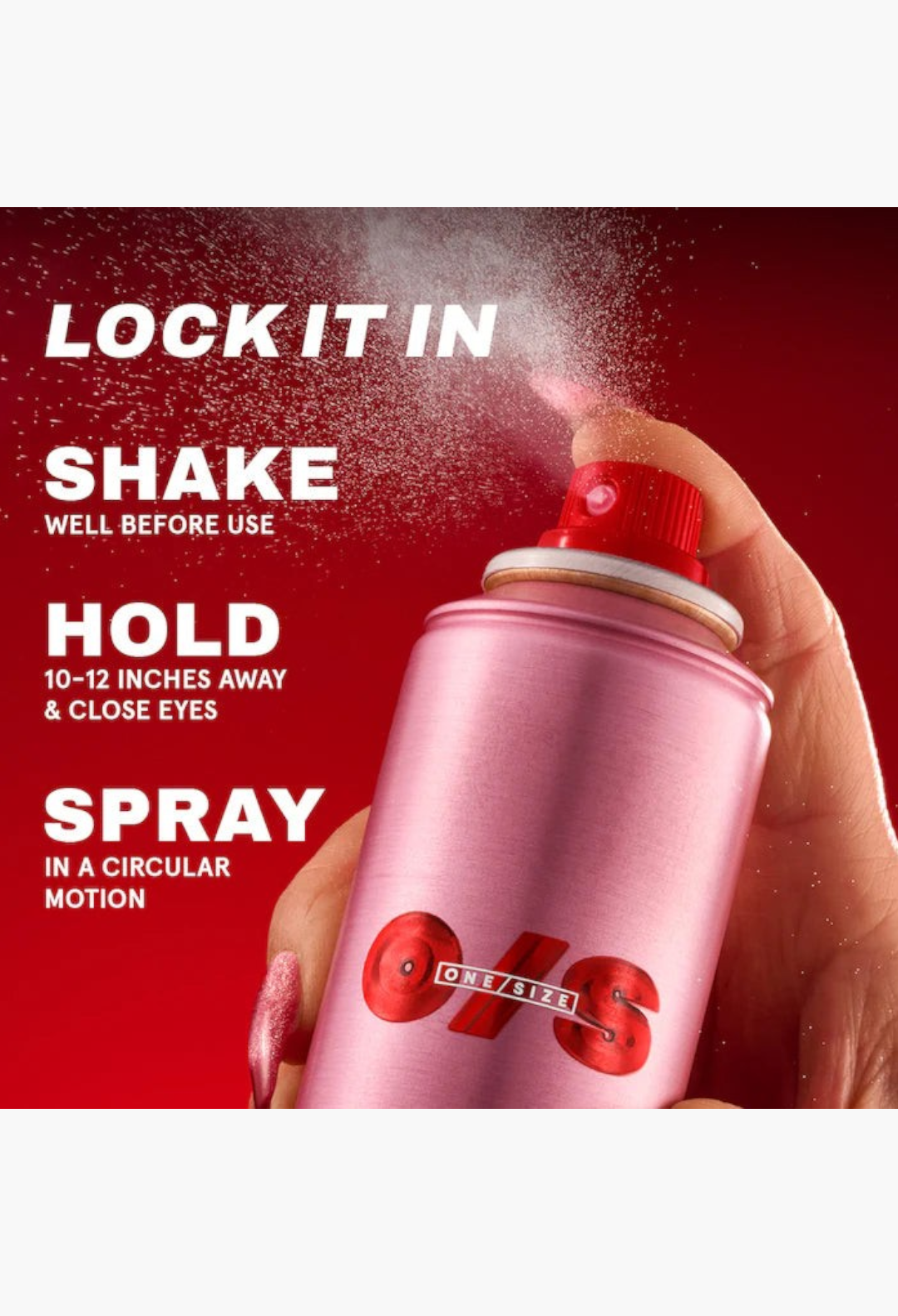 GLAM MODA On 'Til Dawn mattifying waterproof setting spray in a pink aerosol bottle being sprayed by a hand.