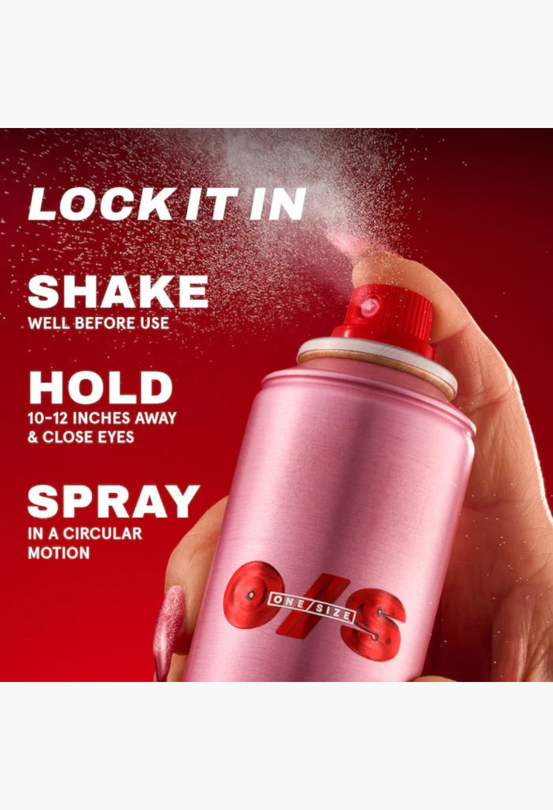 GLAM MODA On 'Til Dawn waterproof setting spray in a pink aerosol can being sprayed with application instructions