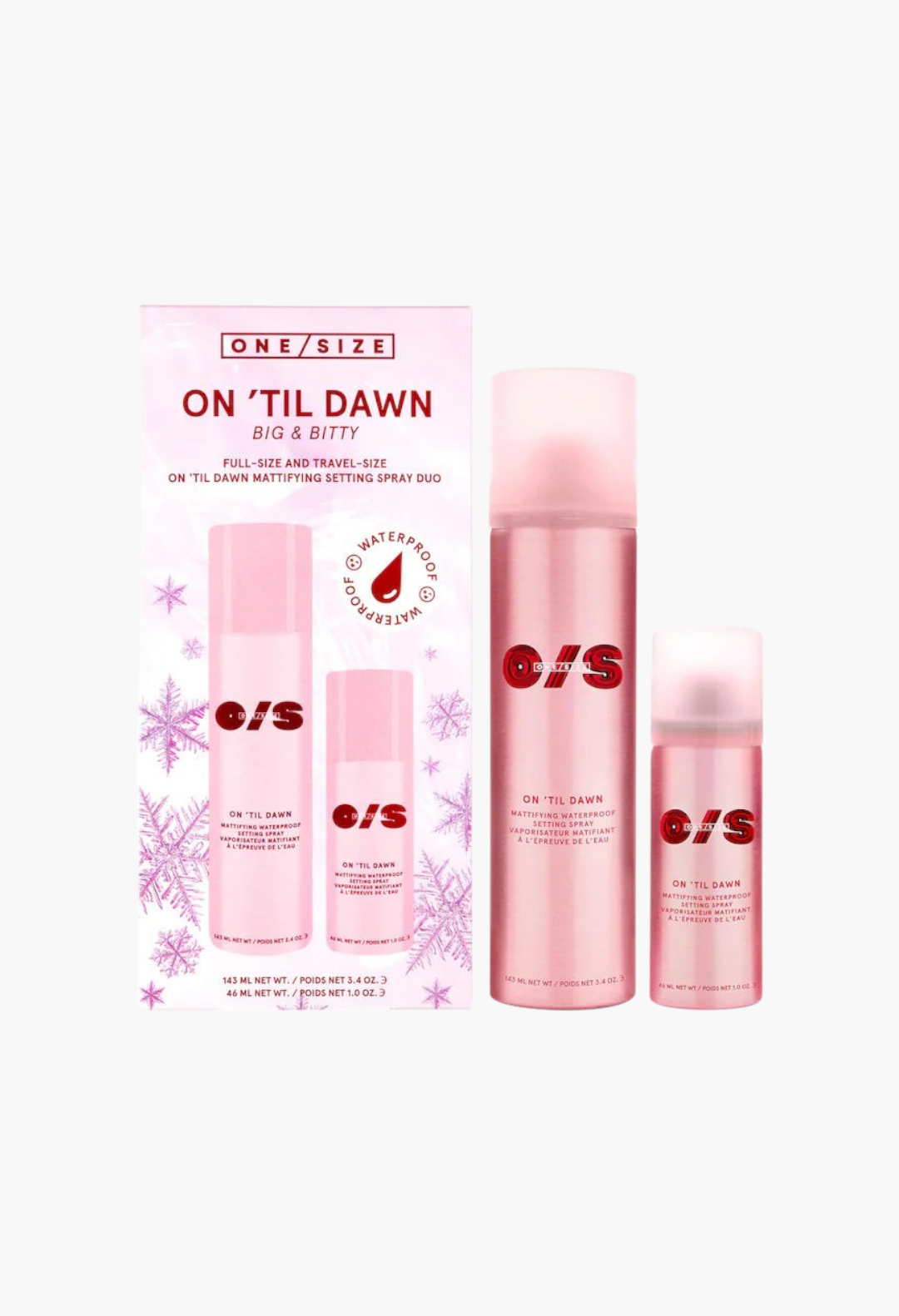 GLAM MODA On 'Til Dawn mattifying waterproof setting spray duo in full-size and travel-size pink aerosol bottles.