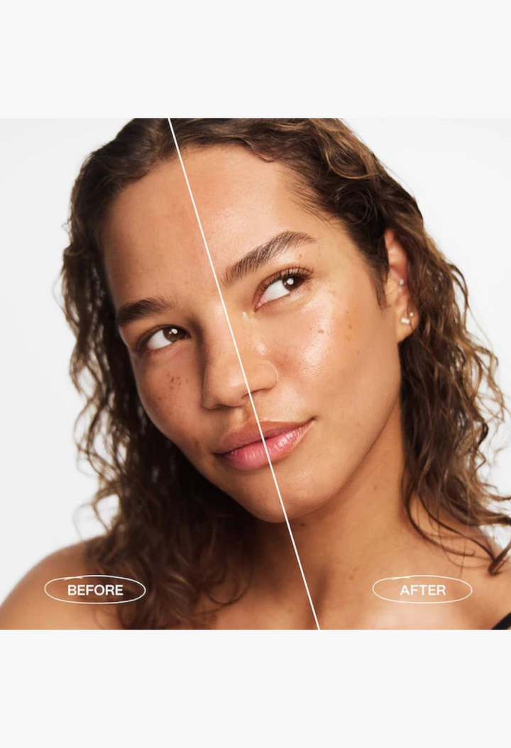 GLAM MODA before and after comparison of skin hydration and glow using whipped cream moisturizer on a young woman