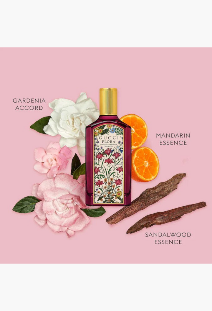 GLAM MODA perfume sampler set featuring Gucci Flora Gorgeous Gardenia bottle surrounded by gardenia flowers and citrus.