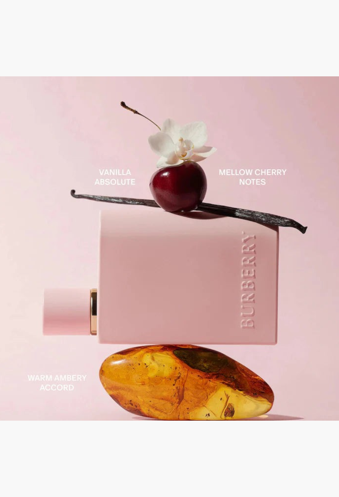 GLAM MODA perfume sampler set featuring a pink Burberry bottle balanced on amber with a cherry and vanilla bean.