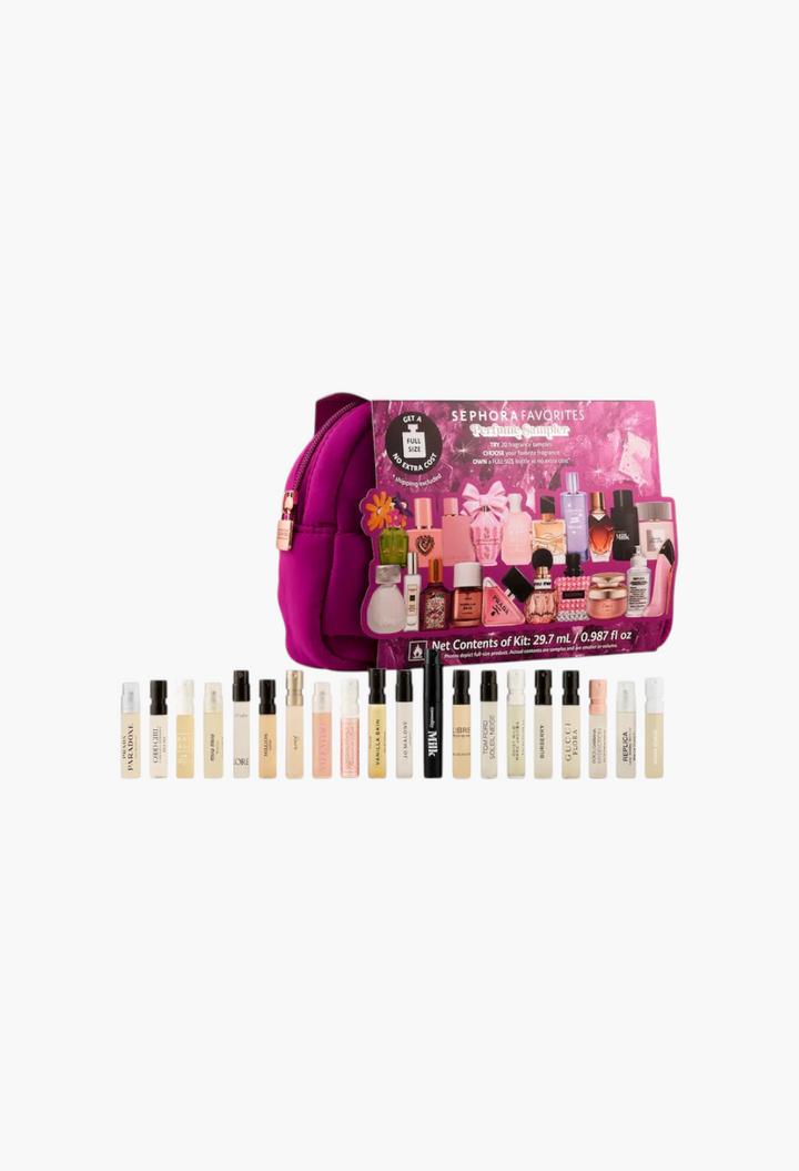 GLAM MODA perfume sampler gift set featuring 20 luxury fragrance vials and a pink cosmetic bag with voucher.