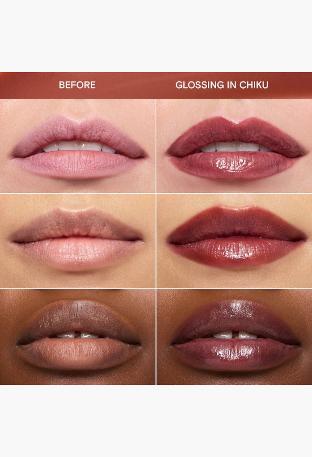 GLAM MODA Lassi Lip Oil in Chiku applied on diverse skin tones showing before and after glossy results