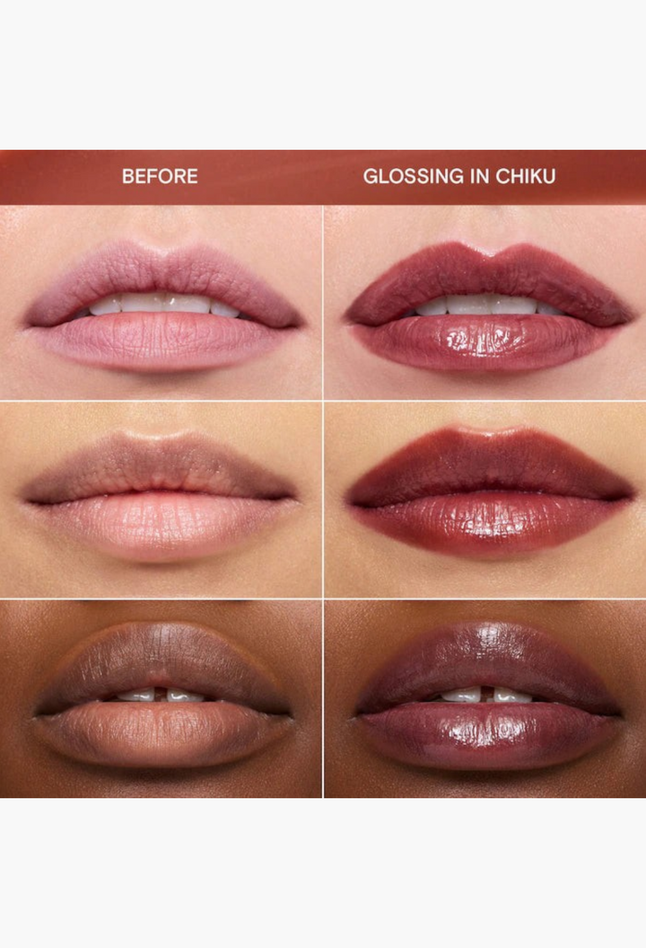 GLAM MODA Lassi Lip Oil in Chiku applied on diverse skin tones showing before and after glossy results