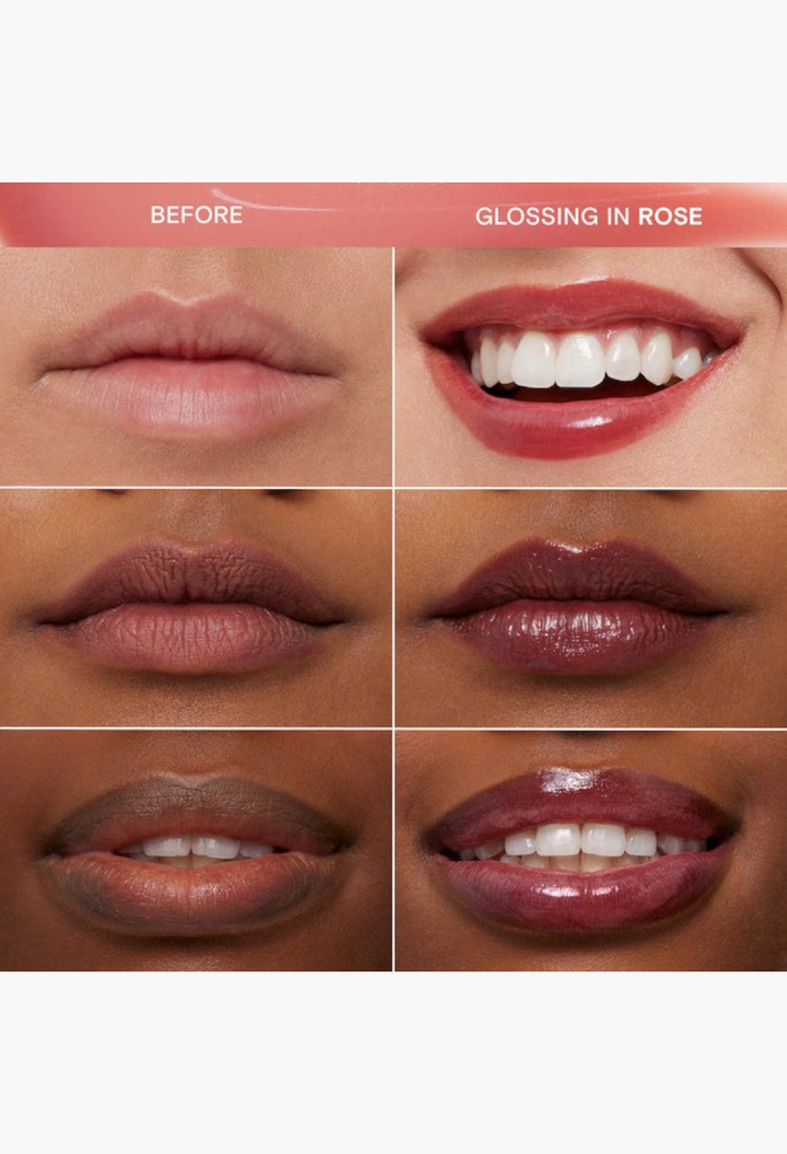 GLAM MODA Lassi Lip Oil duo showing before and after application of Rose and Chiku shades on diverse skin tones.