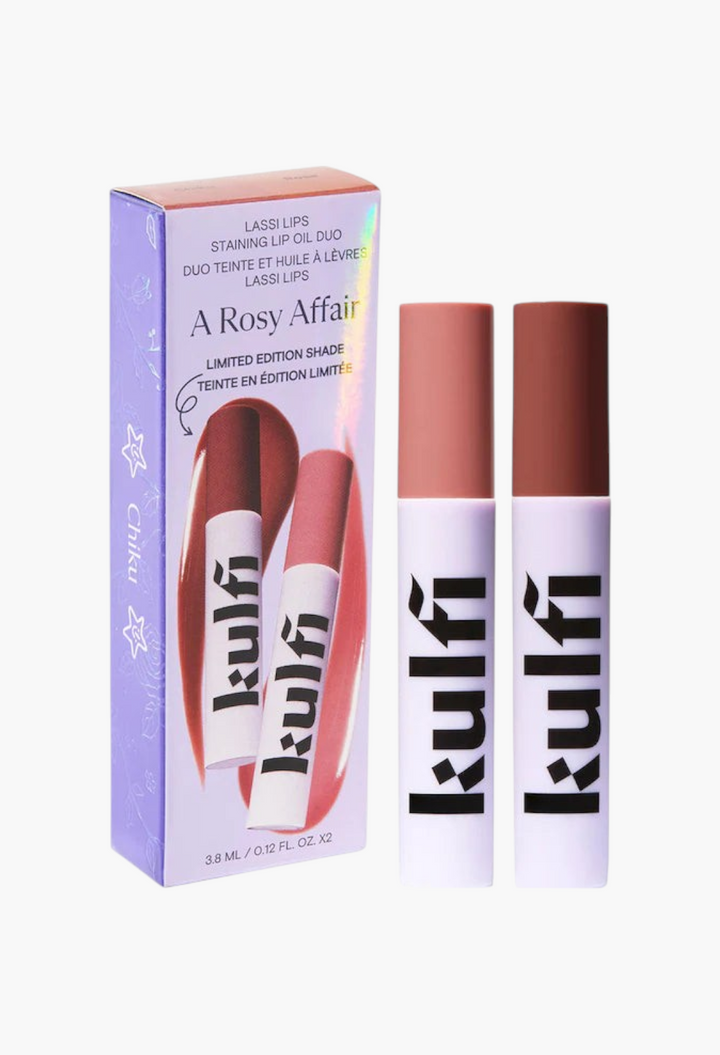 GLAM MODA A Rosy Affair Lassi Lip Oil Duo featuring two staining lip oil shades in Rose and limited-edition Chiku.