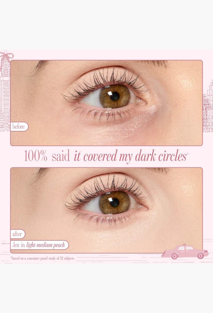 GLAM MODA before and after comparison showing full coverage CC undereye corrector on light-medium peach skin tone