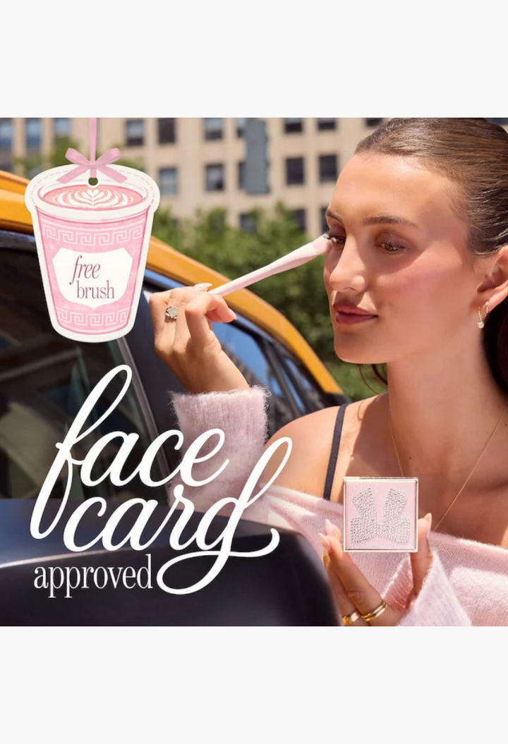 GLAM MODA face card CC undereye corrector and brush set with diamond-studded compact used by a model in a city setting