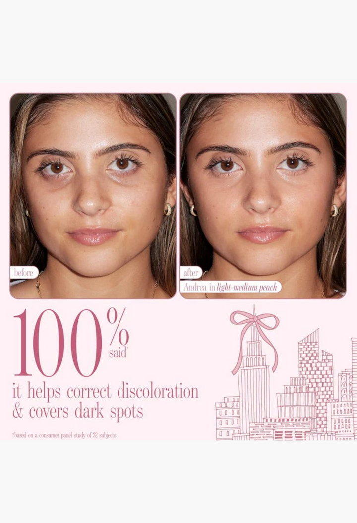 GLAM MODA before and after results of CC undereye corrector showing reduced dark circles on a model